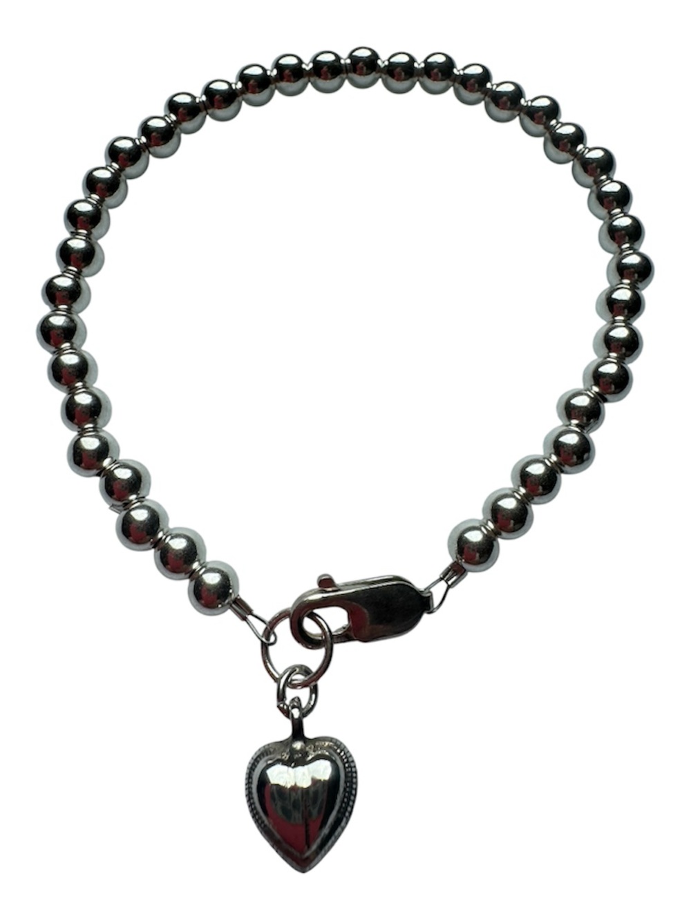 925 Sterling Silver 5mm Beaded Bracelet with Heart Charm NEW handmade